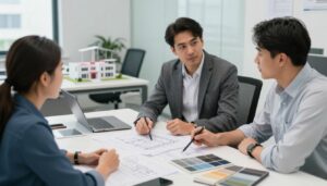 اجتماع بين عميل ومقاول شاطر لمناقشة تفاصيل مشروع في الكويت