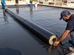 تطبيق العزل المائي على سطح مبنى في الكويت