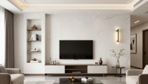 جدار جبس بورد مع رفوف وتلفزيون في غرفة معيشة جدار جبس بورد مع رفوف وتلفزيون في غرفة معيشة