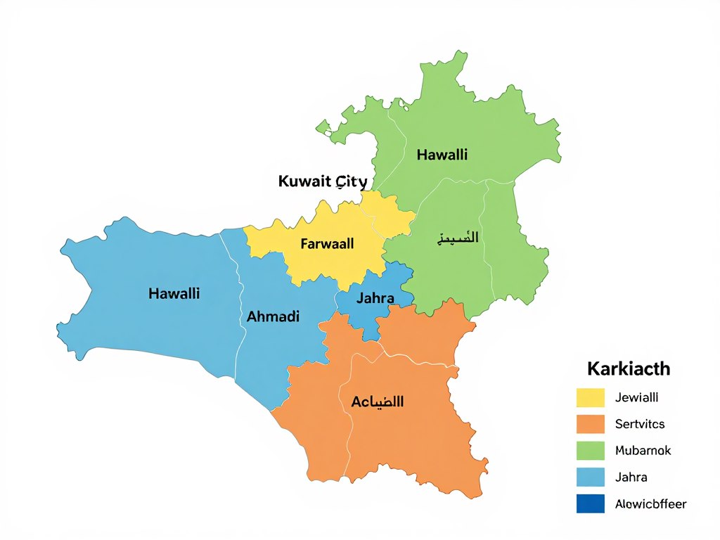 خريطة الكويت توضح مناطق عمل المقاولين مع رقم مقاول لكل منطقة