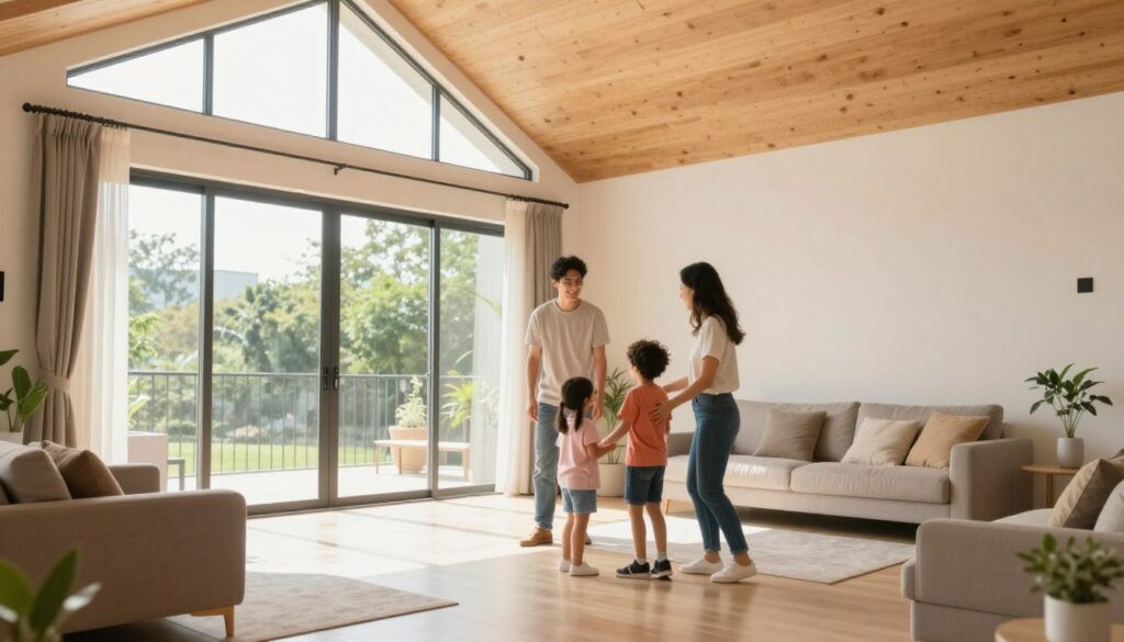 عائلة سعيدة في غرفة إضافية جديدة تم بناؤها في منزلهم