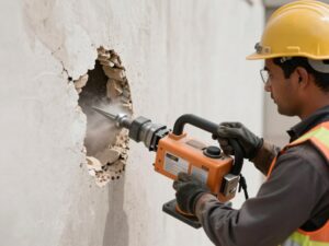 عامل يقوم بتكسير جدار باستخدام معدات متطورة