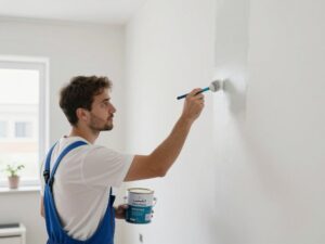عامل يقوم بطلاء جدار داخلي باستخدام دهانات مائية صديقة للبيئة بدون رائحة
