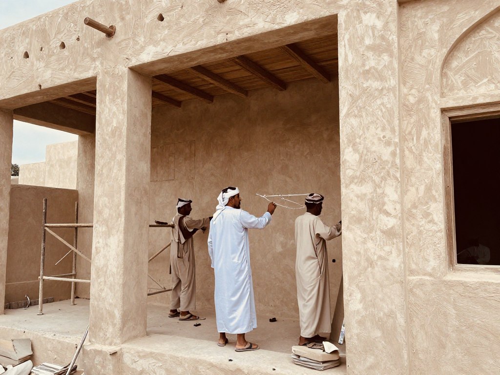 عمال يقومون بترميم جدران منزل قديم باستخدام مواد تقليدية