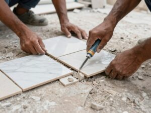 عمال يقومون بتكسير بلاط وسيراميك قديم