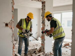 عمال يقومون بتكسير جدران في منزل