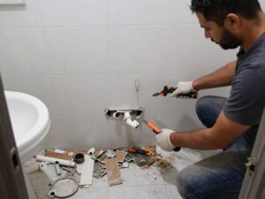 عمال يقومون بتكسير حمام قديم