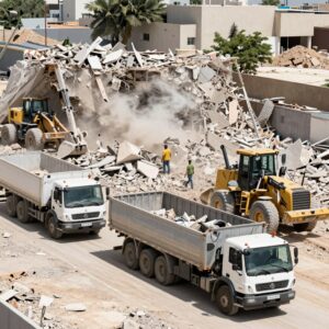 عملية إزالة وترحيل الأنقاض بعد الهدم في موقع بالكويت