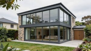 غرفة أرضية تم إضافتها كامتداد للمنزل مع واجهة زجاجية