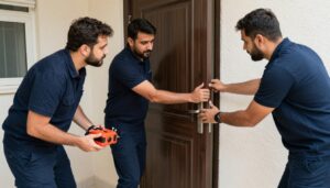 فريق طوارئ يقوم بفتح باب في حالة طارئة فريق طوارئ يقوم بفتح باب في حالة طارئة