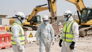 فريق عمل يرتدي معدات السلامة أثناء تنفيذ أعمال تكسير