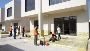 فريق متخصص يقوم بتنفيذ أعمال عزل متكاملة لمبنى سكني في الكويت