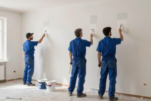 فريق محترف من الصباغين يعمل على طلاء منزل في الكويت بدقة واحترافية