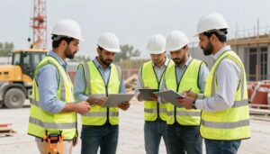 فريق مقاولين محترفين يعملون بتناغم في موقع بناء في الكويت