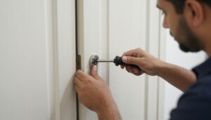 فني يقوم بفتح باب مغلق باستخدام أدوات متخصصة بدون إحداث ضرر فني يقوم بفتح باب مغلق باستخدام أدوات متخصصة بدون إحداث ضرر