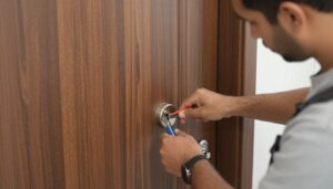 فني يقوم بفتح باب منزل باستخدام أدوات احترافية فني يقوم بفتح باب منزل باستخدام أدوات احترافية