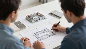 مخطط مشروع بناء يتم مراجعته من قبل مقاول شاطر وعميل في الكويت