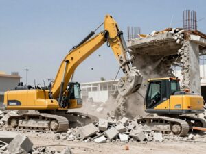 معدات متخصصة لهدم الخرسانة المسلحة في مشروع هدم بالكويت