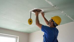 معلم جبس بورد محترف يعمل على تركيب سقف في الكويت معلم جبس بورد محترف يعمل على تركيب سقف في الكويت