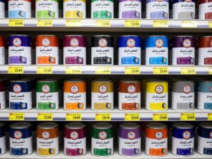 مقارنة بين أنواع مختلفة من علب الأصباغ بأسعار متفاوتة في متجر دهانات كويتي