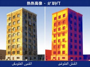 مقارنة بين مبنى معزول وغير معزول توضح الفرق في درجات الحرارة والرطوبة