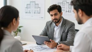 مقاول شاطر يناقش مخططات البناء مع العميل في الكويت