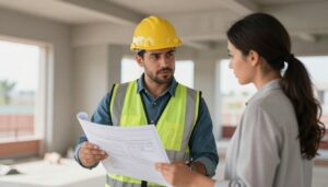 مقاول موثوق الجهراء يتحدث مع عميل في موقع بناء مقاول موثوق الجهراء يتحدث مع عميل في موقع بناء