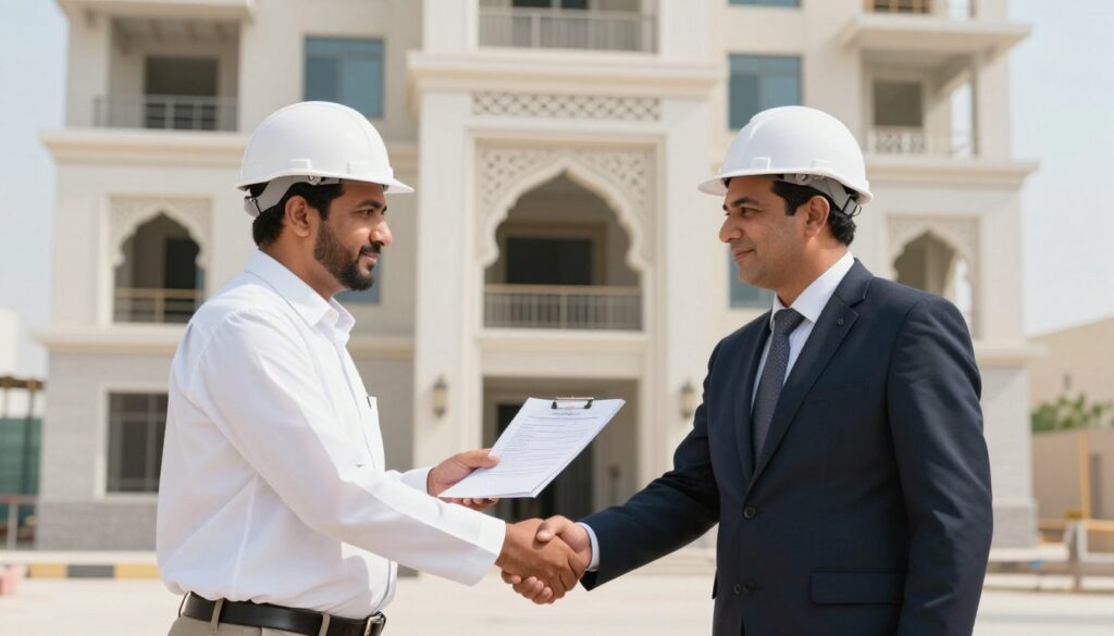 مقاول ناجح يسلم مشروع بناء مكتمل للعميل مع رقم مقاول للتواصل