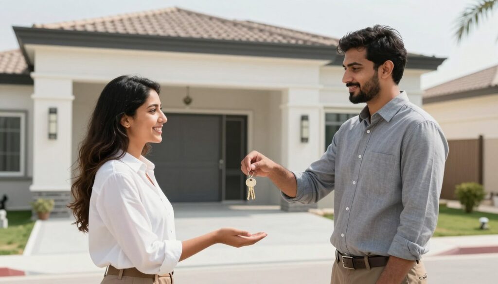 مقاول يسلم مفتاح منزل جديد للعميل مع رقم مقاول للتواصل