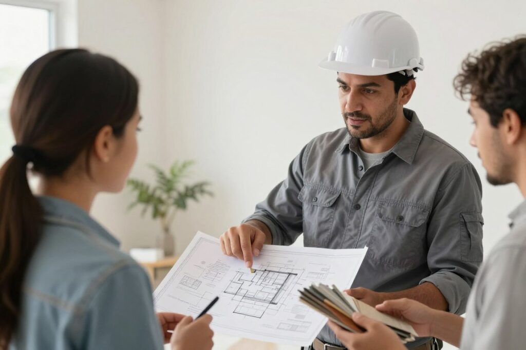 مقاول يشرح خطة ترميمات تعديلات لصاحب المنزل