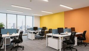 مكتب عصري مطلي بألوان محفزة للإنتاجية مع لمسات من الألوان المنشطة