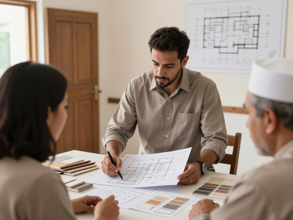 مهندس يقدم استشارة لأصحاب منزل قديم حول مشروع ترميم بيت بيتي