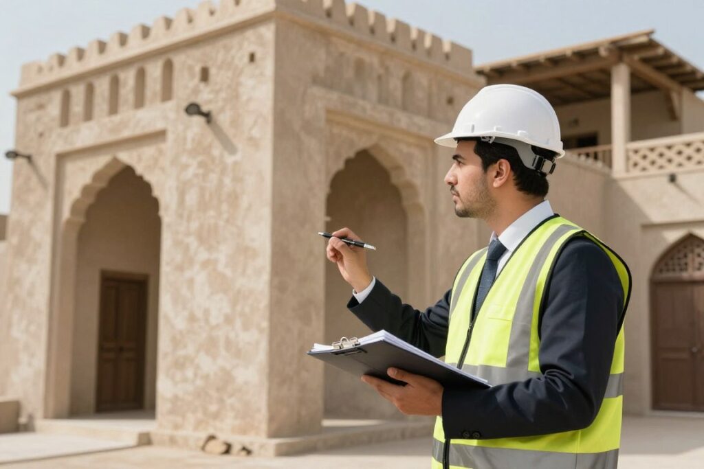 مهندس يقوم بتقييم حالة منزل قديم ضمن مشروع ترميم بيت بيتي