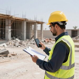 مهندس يقوم بمعاينة موقع قبل البدء بعملية الهدم