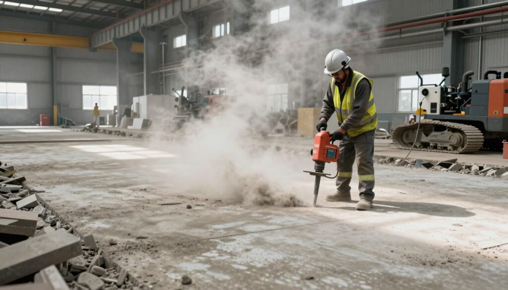 أرضية خرسانية سميكة أثناء عملية التكسير باستخدام معدات ثقيلة