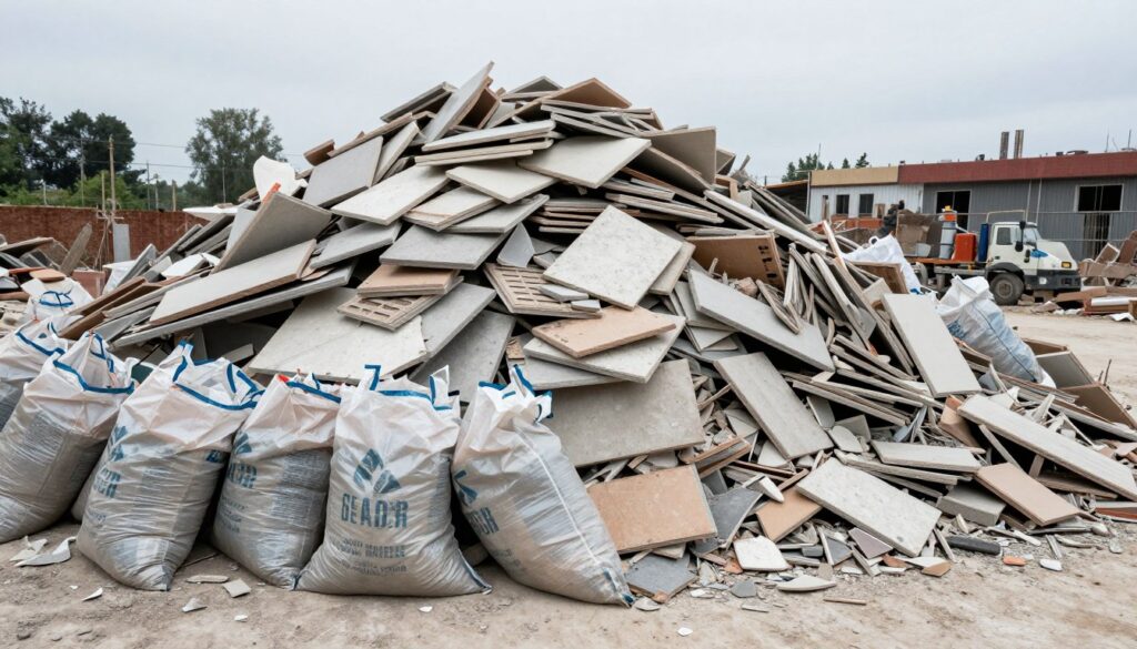 أكوام من البلاط المكسور والمواد المزالة