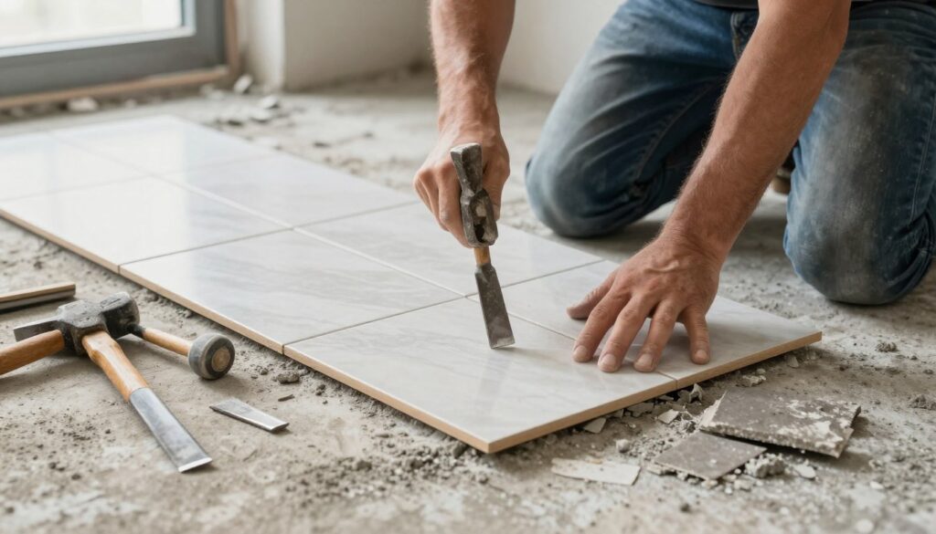 إزالة بلاط قديم من أرضية المنزل باستخدام أدوات احترافية