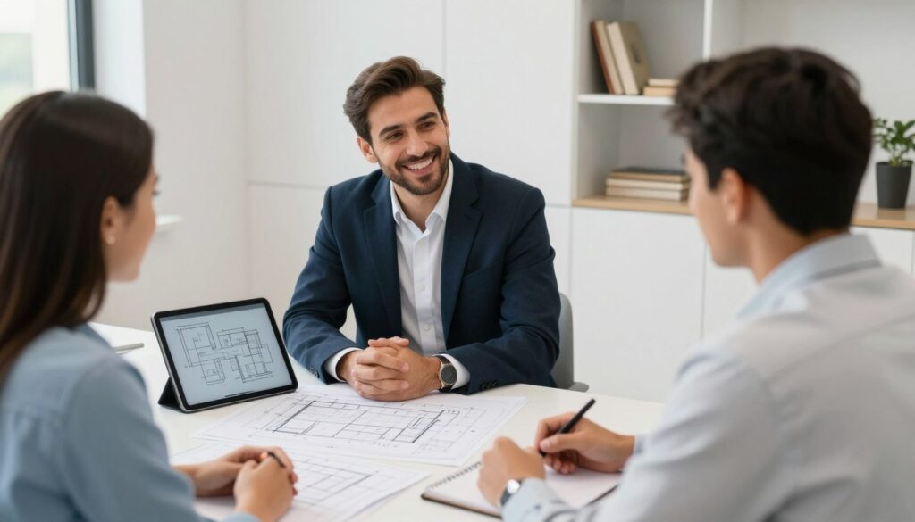 اجتماع استشاري بين عميل وممثل شركة تشطيب