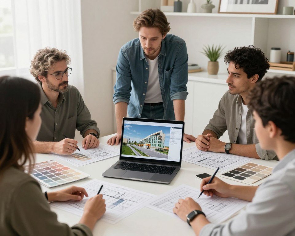 اجتماع تخطيط مع مصمم داخلي ومخططات