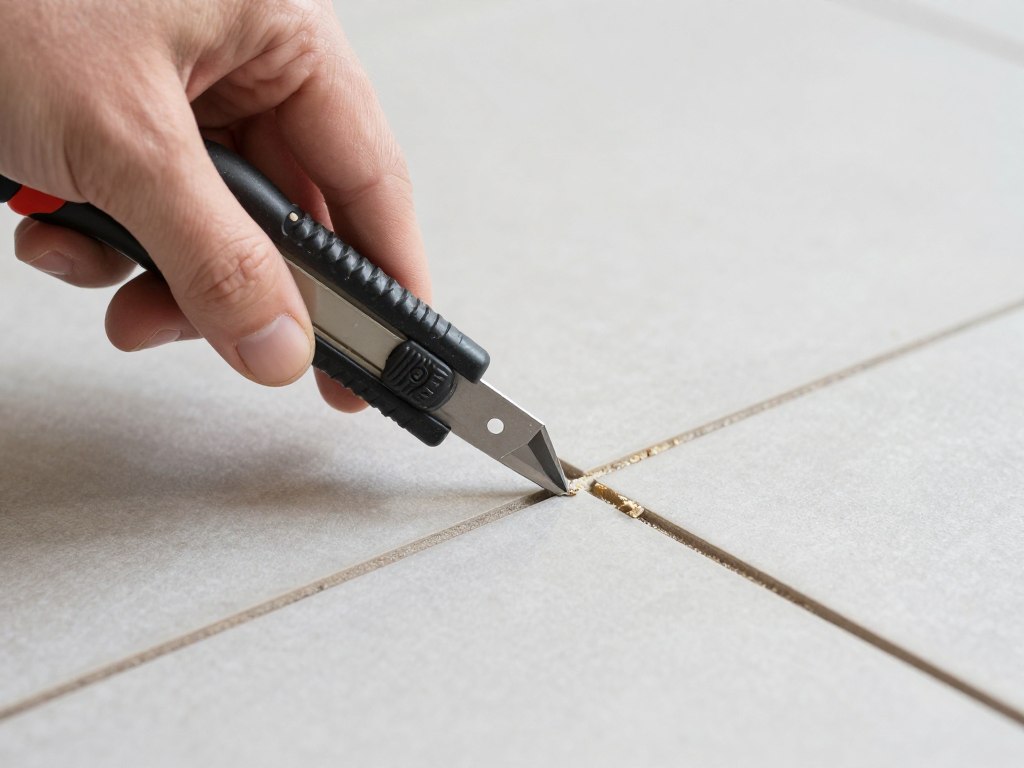 استخدام سكين لإزالة الجص بين البلاطات