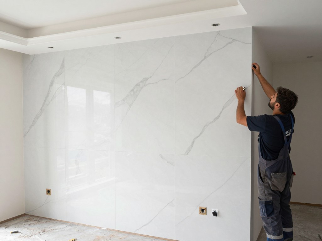 تركيب بديل رخام على جدار في منزل كويتي حديث