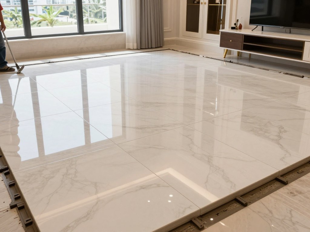 تركيب بلاط كاشي في أرضية صالة منزل فاخر