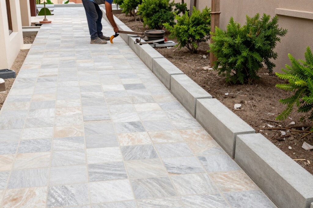 تركيب بلاط كربستون على حافة ممر في حديقة منزلية