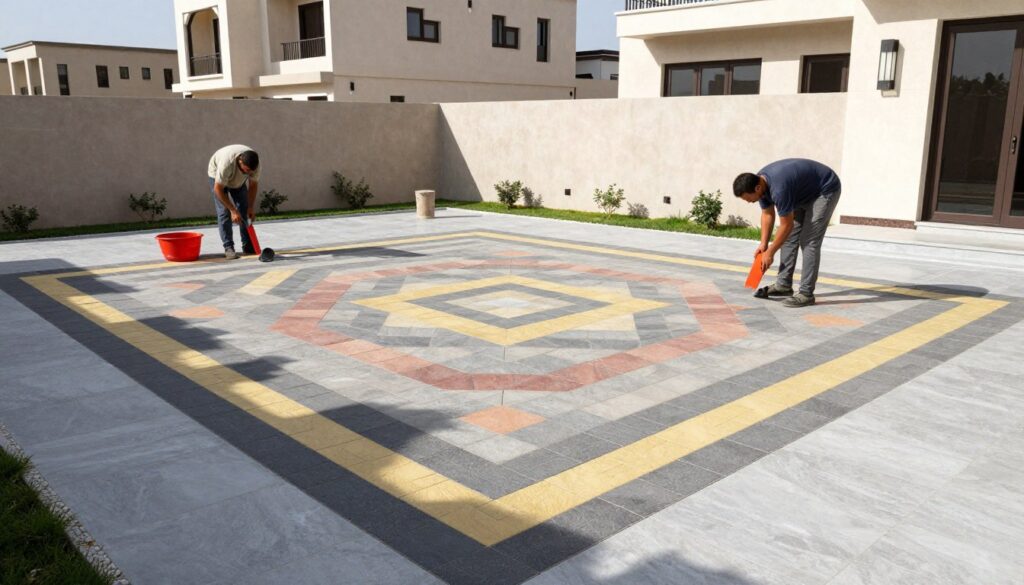 تركيب بلاط متداخل في حديقة منزل كويتي بشكل احترافي