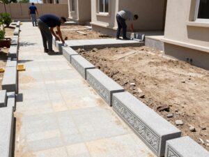 تركيب كربستون على حواف ممر في حديقة منزل كويتي تركيب كربستون على حواف ممر في حديقة منزل كويتي