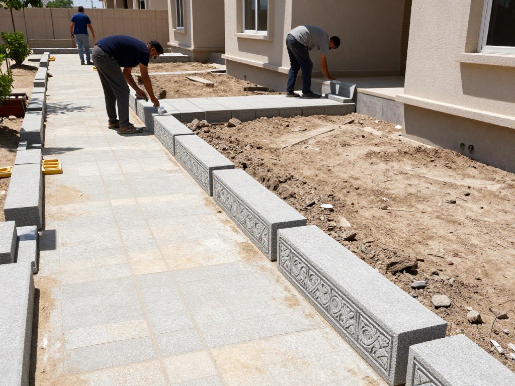 تركيب كربستون على حواف ممر في حديقة منزل كويتي
