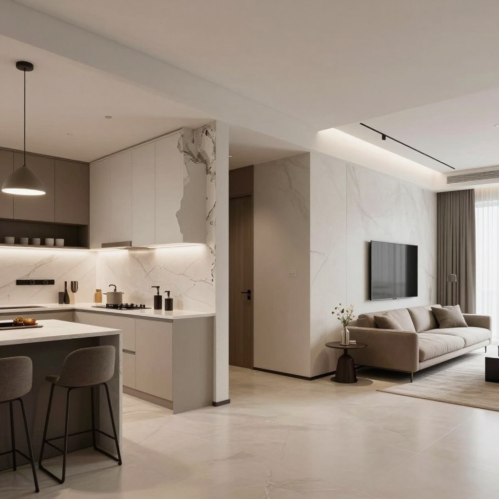 تصميم مفتوح لمطبخ مع صالة