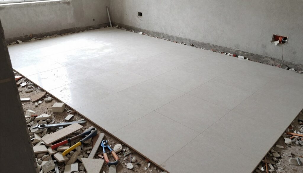 تكسير أرضيات البلاط في مشروع تجديد بالكويت