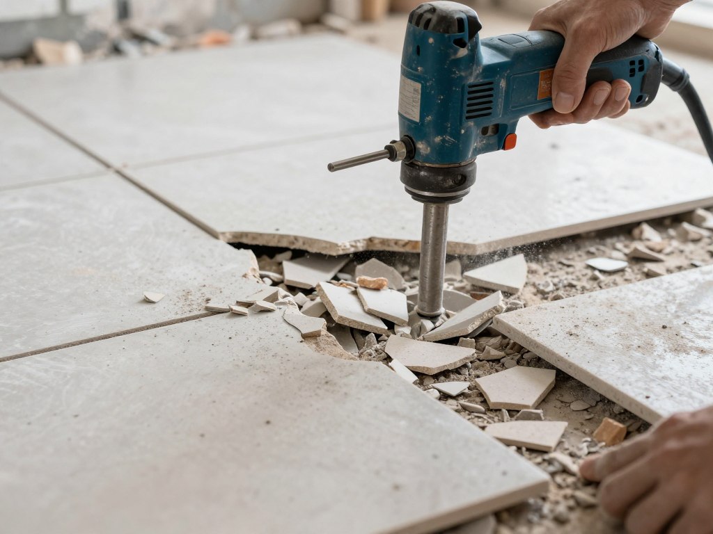 تكسير أرضيات بلاط قديمة باستخدام معدات كهربائية