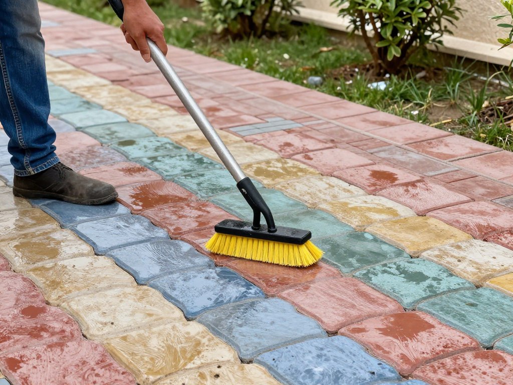 تنظيف بلاط خارجي متداخل باستخدام فرشاة وماء